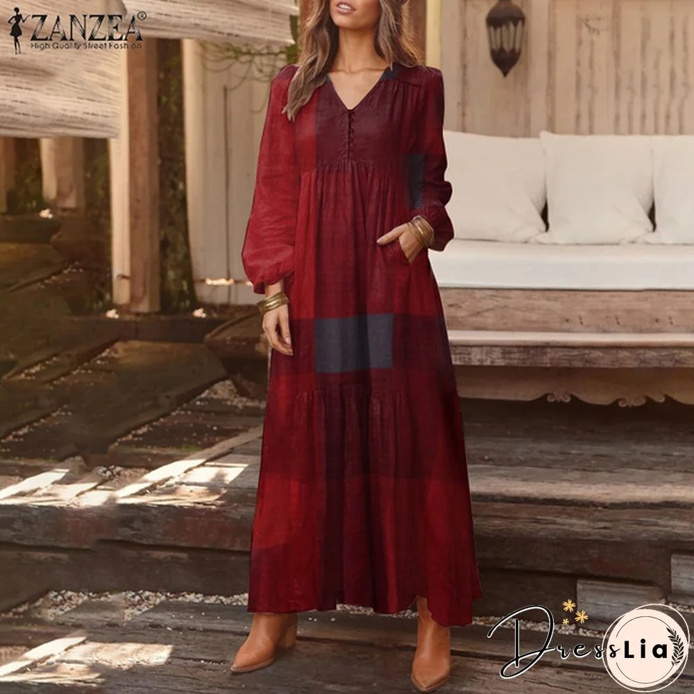 Zanzea Women Long Sleeve V-Neck Printed Kaftan Puff Sleeve Casual Loose Long Maxi Dresses Plus Size