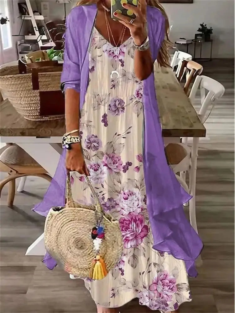 Ingvn - Women’s Two Piece Dress Set Print Daily Vacation Casual Maxi V Neck 3/4 Length Sleeve