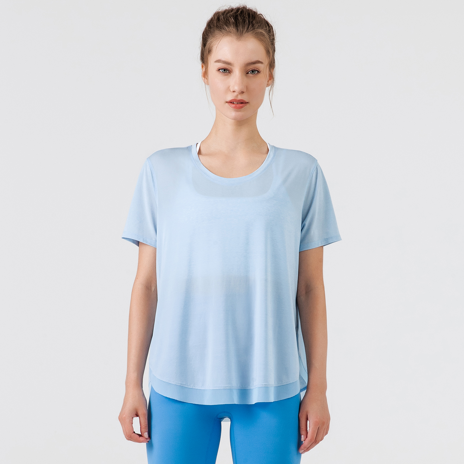 Shop short sleeve v sided split mesh breathable loose sports running t-shirt online on Hergymclothing Sky Blue