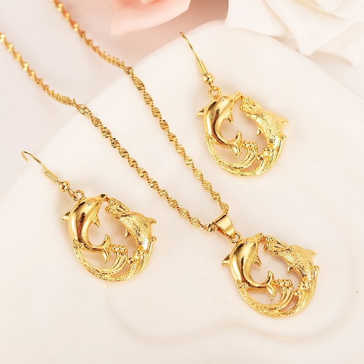 24k Fashion gold Jewelry Set crystal Dolphin Pendant Necklace Loop Earrings Sets for Women