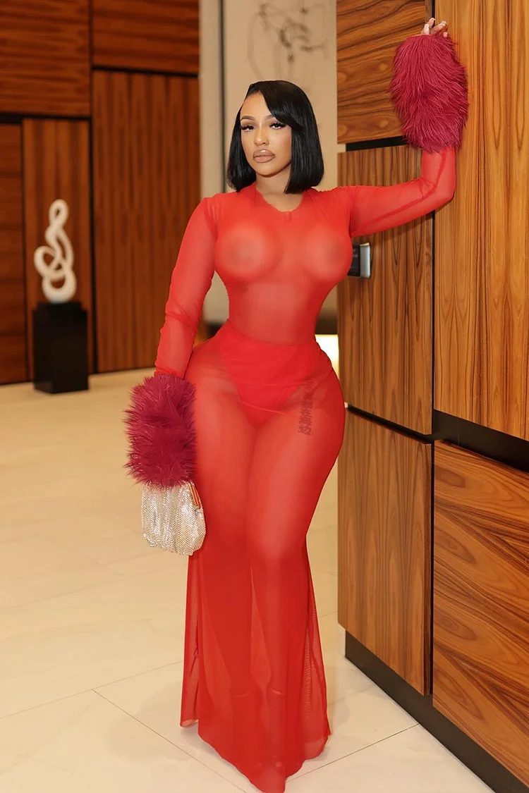 Faux Fur Long Sleeve See-Through Party Fishtail Maxi Dresses-Red