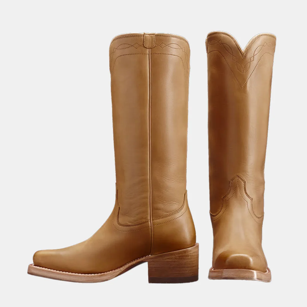 Fashion Tan Square Toe Stitching Mid Calf Women's Western Boots