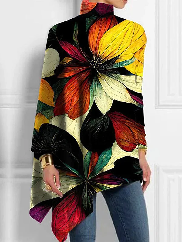 Long Sleeves Loose Contrast Color Floral Printed High Neck T-shirts