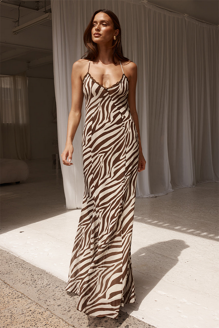 Zebra Print V Neck Open Back Spaghetti Strap Maxi Dresses-Brown [Pre Order]