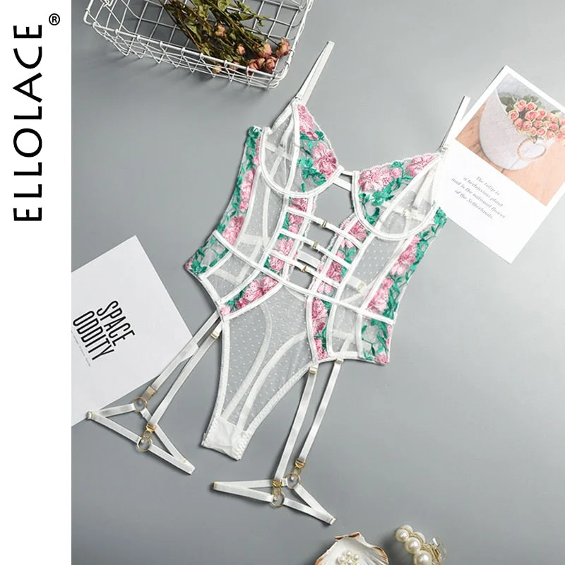 Ellolace Sexy Transparent Bodysuit with Bones Hollow Out Bodycon Erotic Bodies Floral Sleeveless Black Top Lace String Bodys