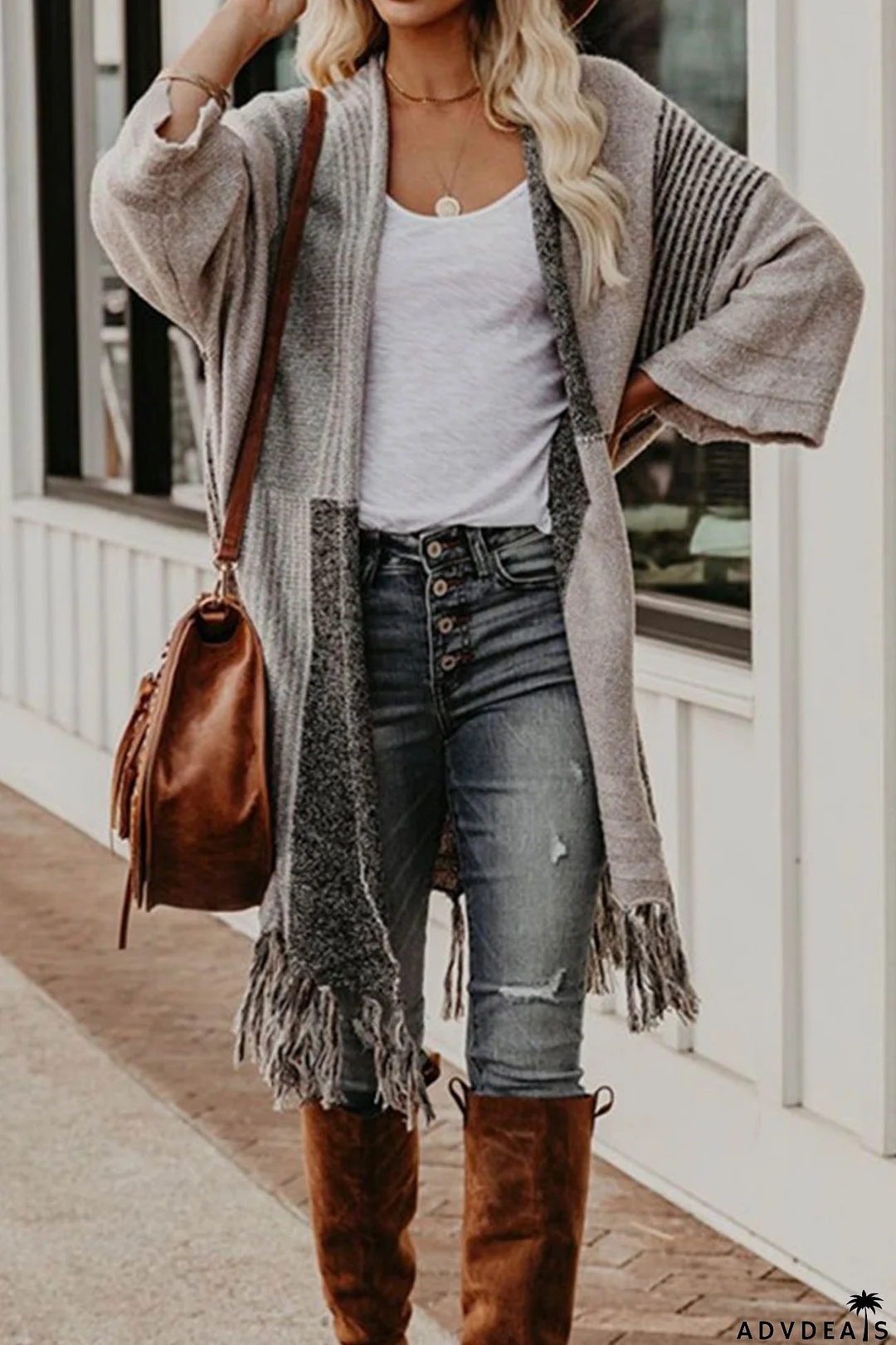 Contrast Fringe Hem Shawl Cardigan
