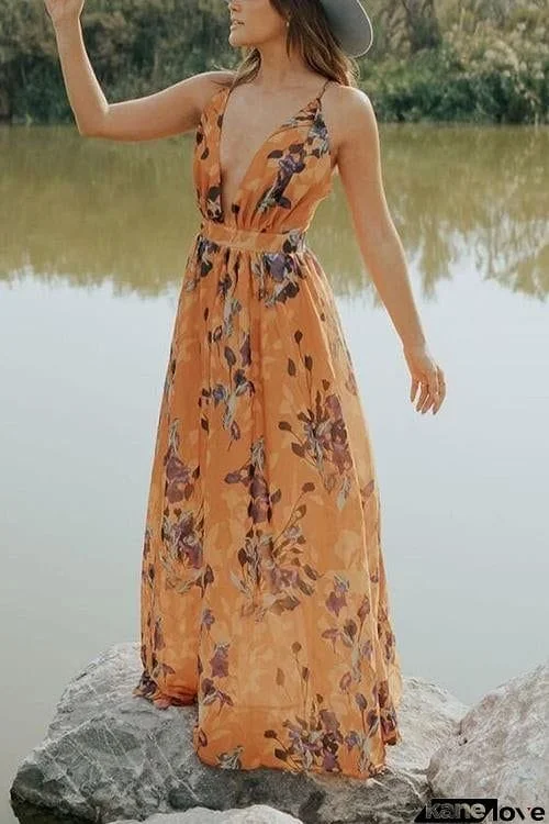 V Neck Backless Slip Maxi Dress