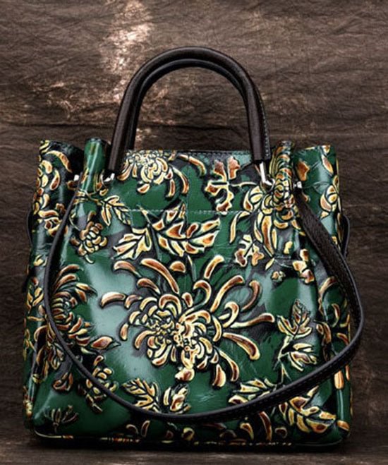 Natural Green Floral Paitings Calf Leather Satchel Handbag CK2659- Fabulory