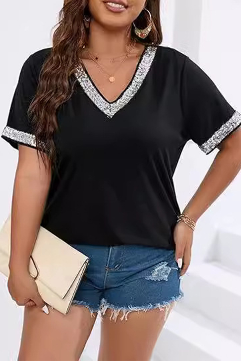 Plus Size Everyday Black Sequin Trim Short Sleeve Blouse