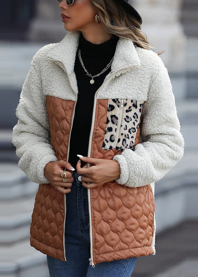 New Coffee Peter Pan Collar Patchwork Faux Fur Jackets Fall
