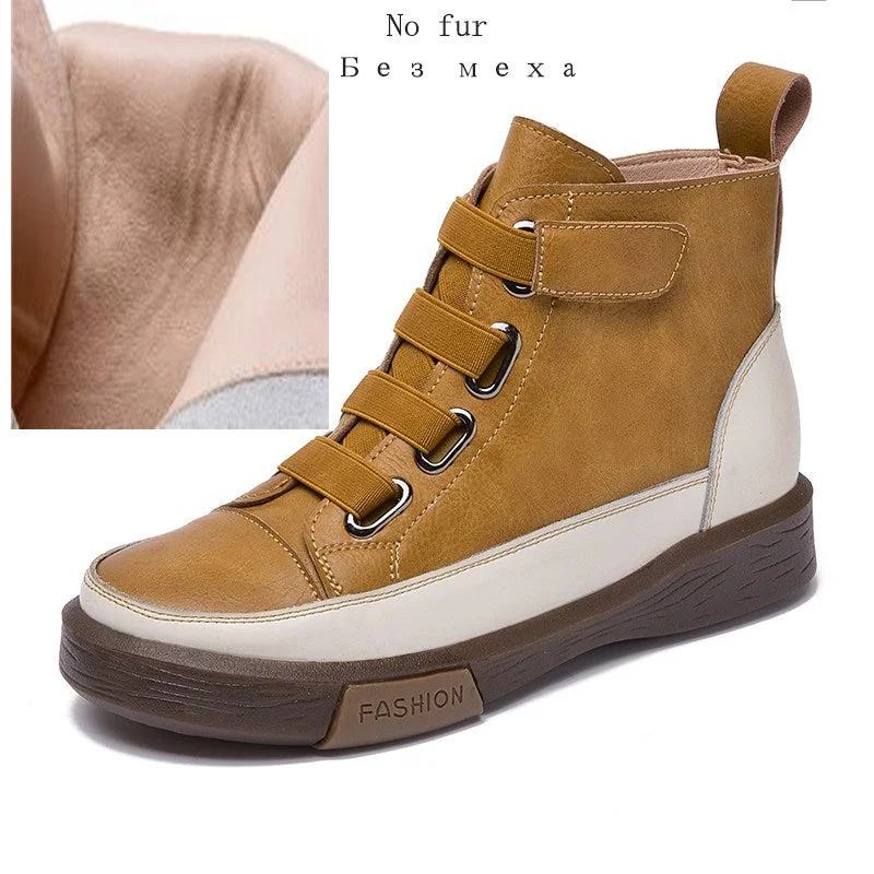 Vstacam Women winter Shoes Flat Genuine Leather 2022 Antique  Color Matching Front Tie Ladies Boots Trend Girl Student Shoes