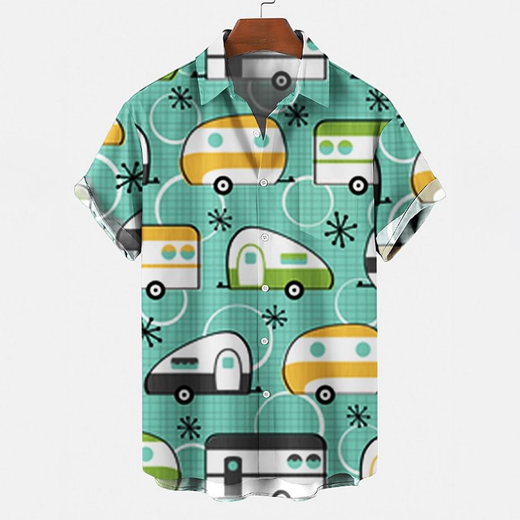 Men's leisure car print green short-sleeved shirt