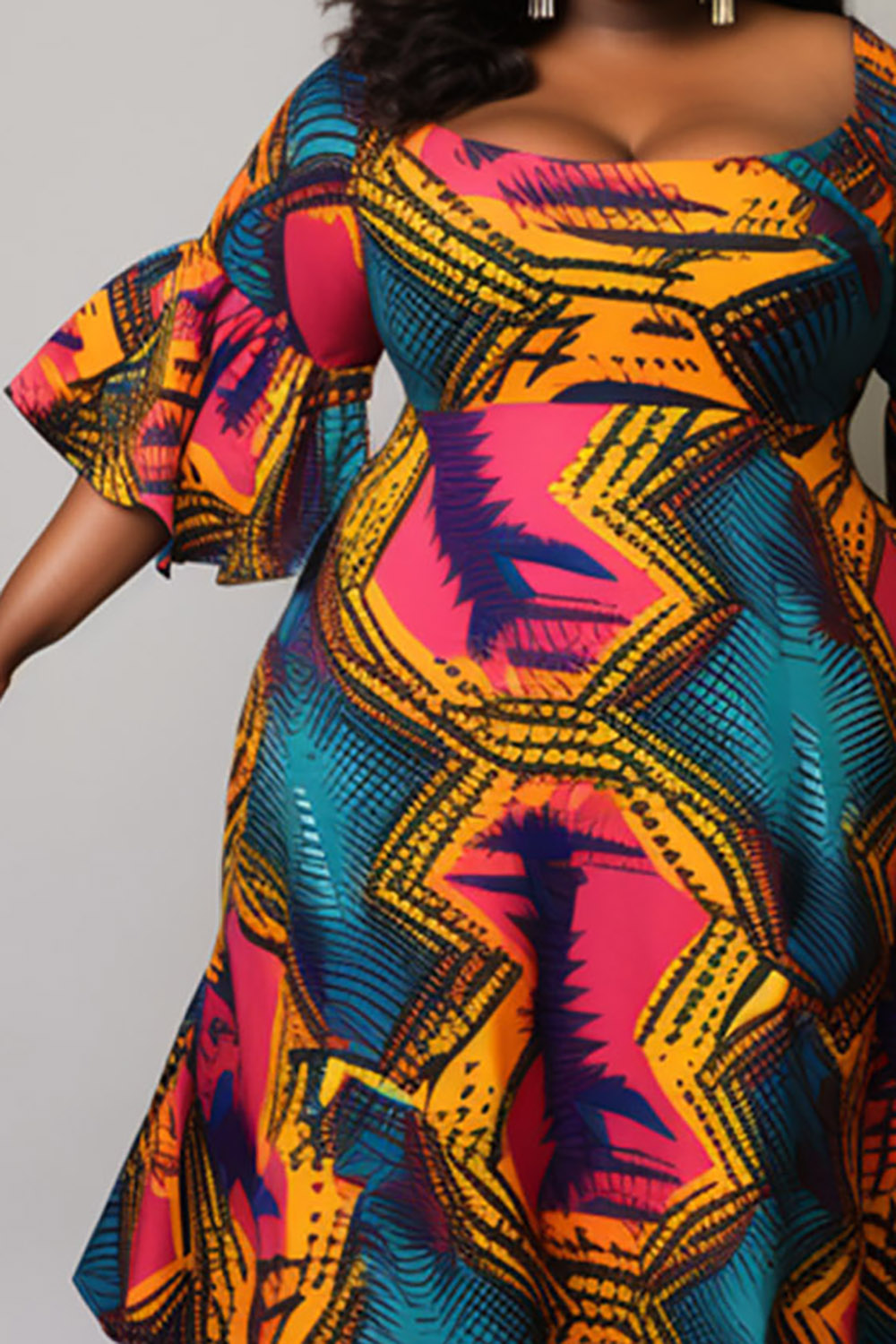 Design Plus Size Daily Multicolor Ankara Square Neck Flare Half Sleeve Knitted Midi Dresses [Pre-Order]