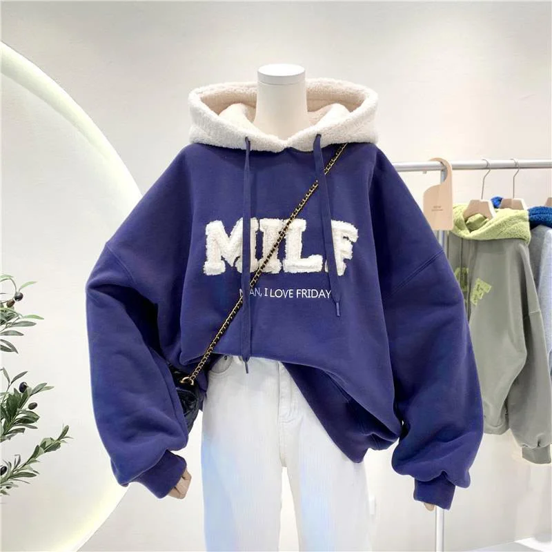 NEEDBO MILF Hoodies Women's Sweatshirts Letter Print Lamb Wool Pullovers Loose Korean Style Jacket Full Sleeve Casual Tops 2021