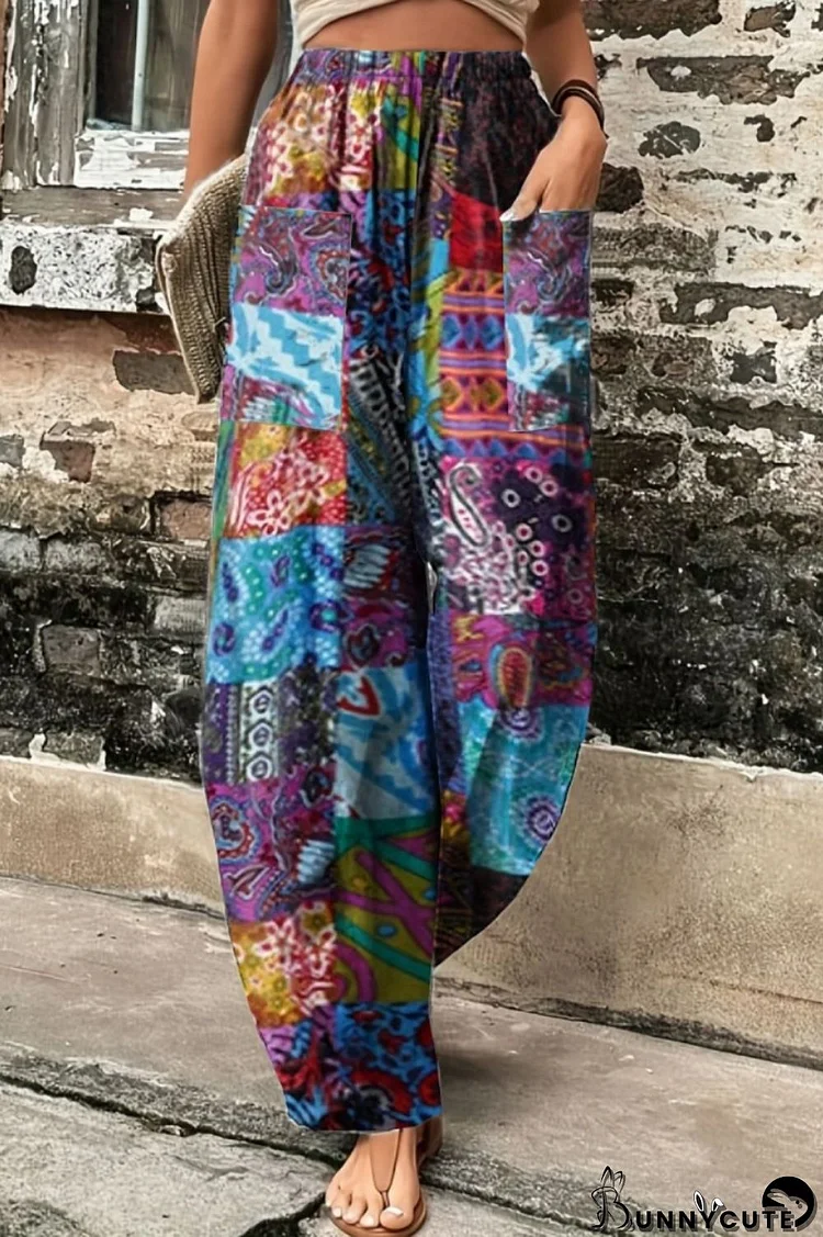 Multicolor Casual Print Patchwork Pocket Regular High Waist Conventional Full Print Trousers