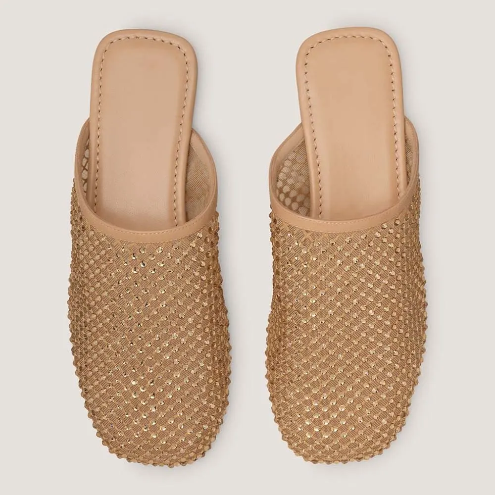 Gold Mesh Square Toe Slip On Rhinestone Flat Mules Shoes