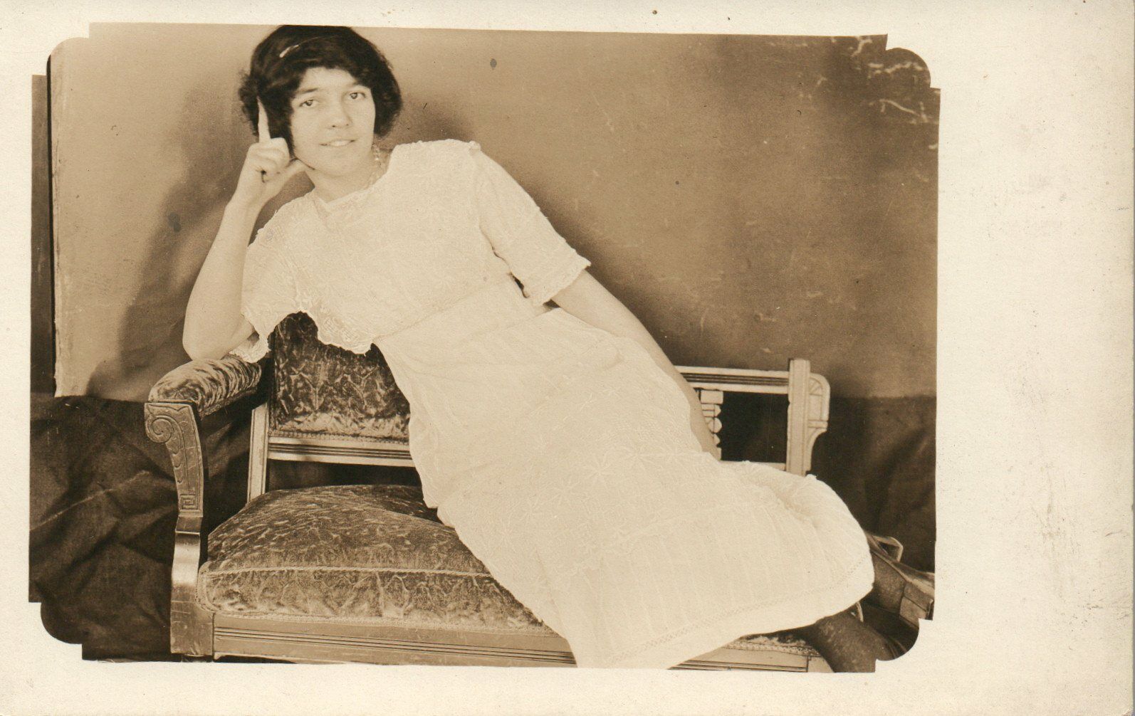 Antique Young Beautiful Girl Posing on Couch RPPC Real Photo Poster painting Postcard