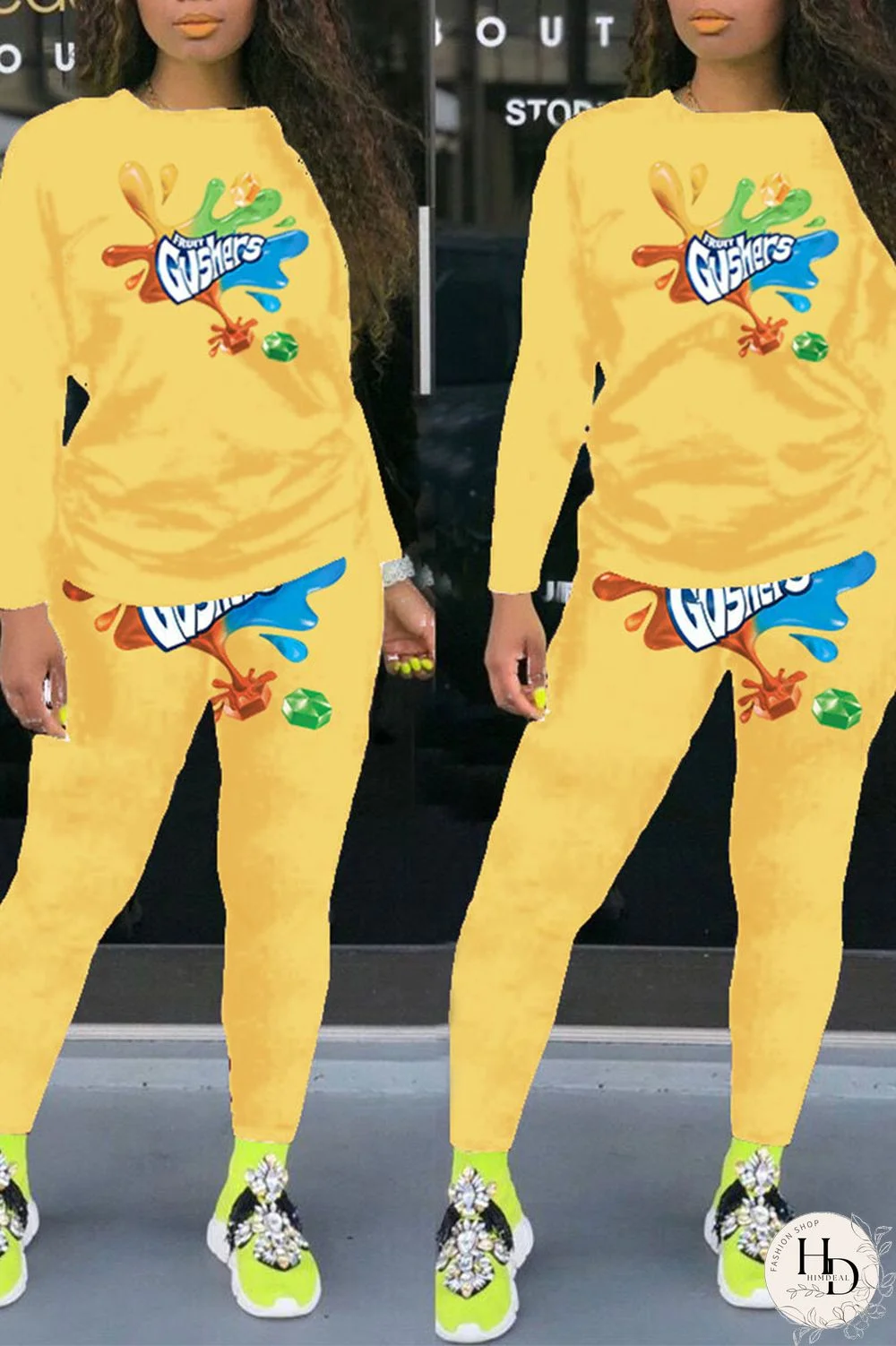 Colour Street Letter Print Patchwork O Neck Long Sleeve Two Pieces