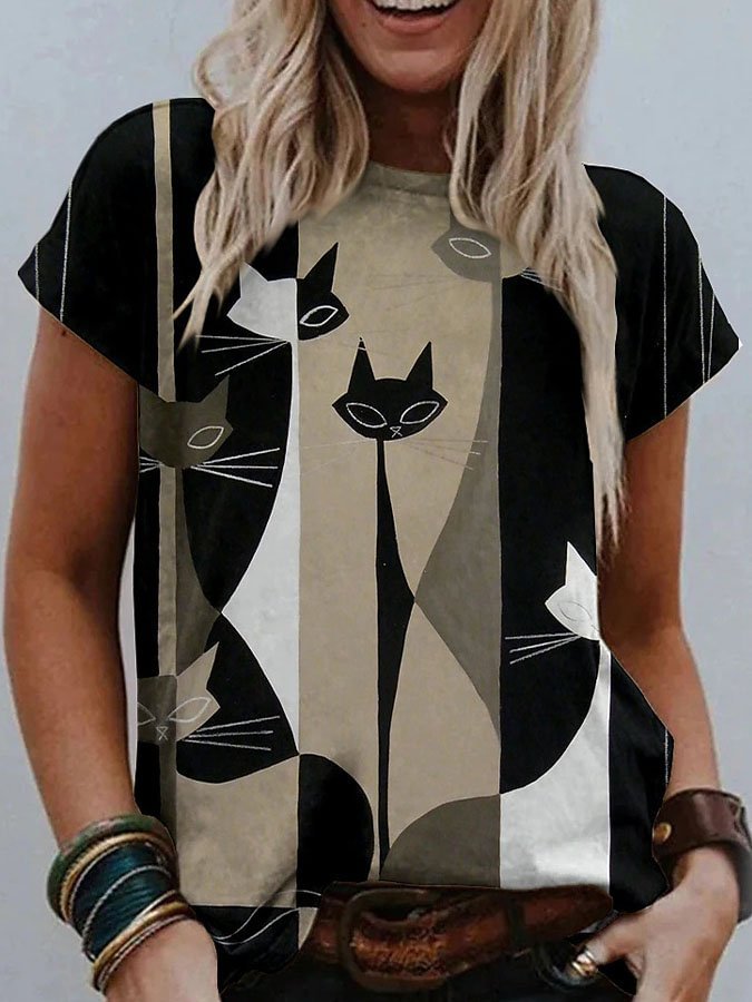 Abstract Cat Print Short Sleeve Vintage T-Shirt socialshop