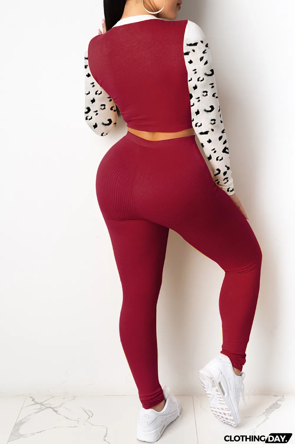 Red Fashion Casual Print Split Joint O Neck Long Sleeve Two Pieces