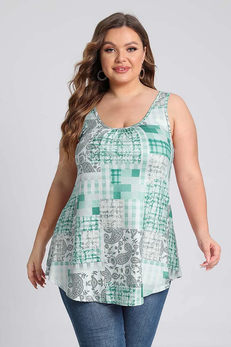 Plus Size Round Neck Geometric Print Casual Tank Top  Flycurvy [product_label]