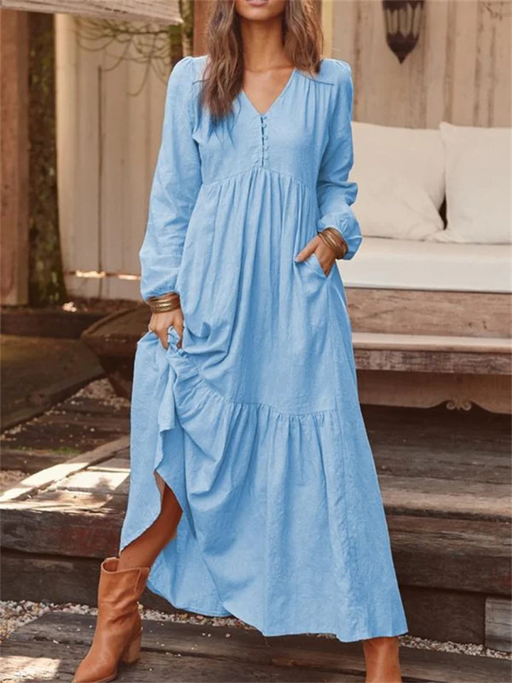 Autumn and Winter Solid Color Women's Buttoned Cotton and Linen Retro Casual Long-sleeved Dresses Swing Long Dress Multicolor