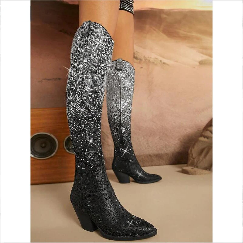 VCSHOES Crystal Cowboy Boots For Women Knee High Midium Chunky Heel Pointed Toe Retro Classic Western Cowgirl Boots 44