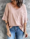 Women's V-neck Pocket Split Middle Sleeve Top Shirt