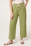 Front view of women's avocado green linen-blend pants with elastic drawstring waist and patch pockets