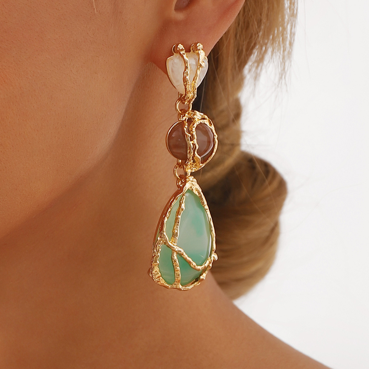 Boho Green Multi-Stone Gold Wrapped Drop Earrings 2024 - Flycurvy 