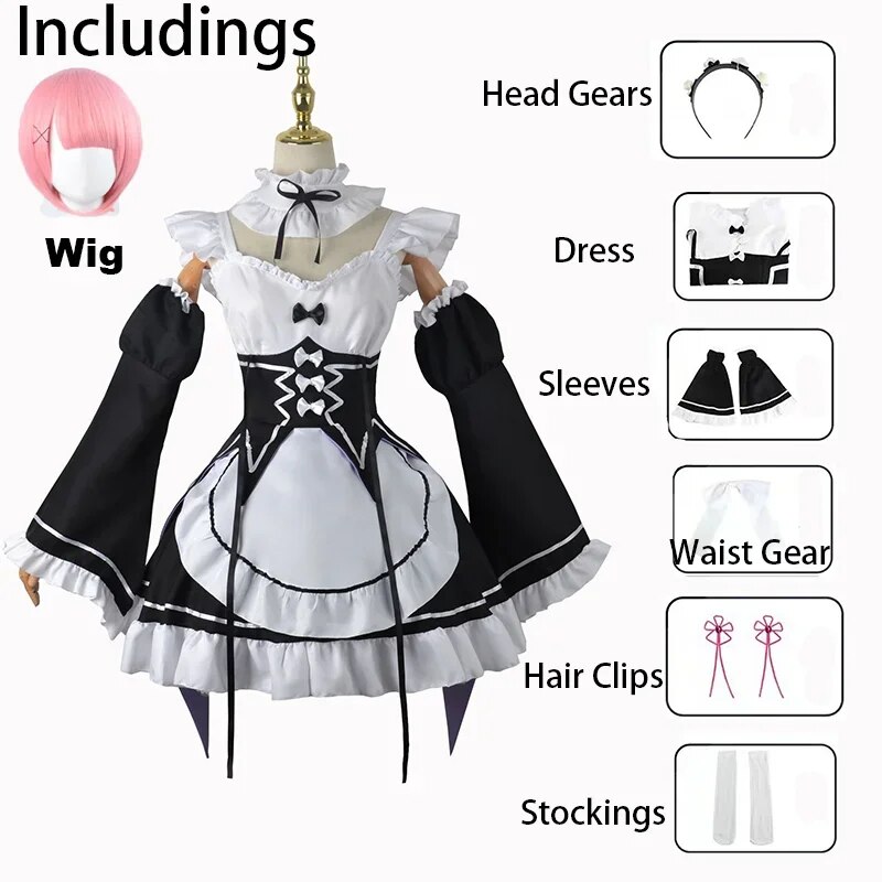 [Wetrose] In Stock Re:Zero Rem Ram Cosplay Costume Remu Ramu Kara Hajimeru Isekai Seikatsu Anime Maid Lolita Halloween Full Set