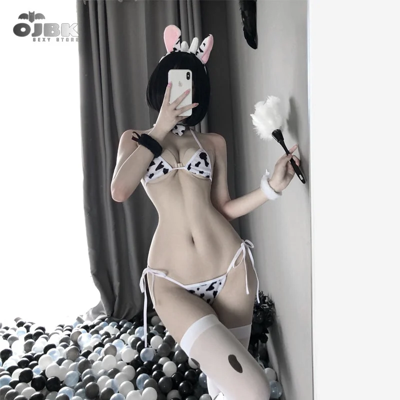 OJBK Cow Sexy Cosplay Costume Maid Tankini Swimsuit Anime Bikini Set Girls Swimwear Clothing Lolita Bra and Panty Set Stockings