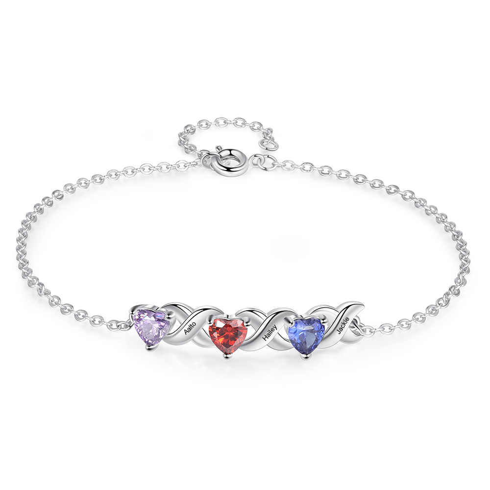Personalized Bracelet With 3 Heart Birthstones Engraved Names Bracelet ...