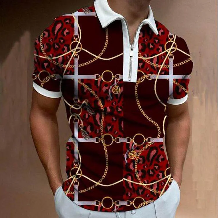 Gold Chain Print Zipper Short-Sleeve Red Tops Men's Polo Shirts at Hiphopee