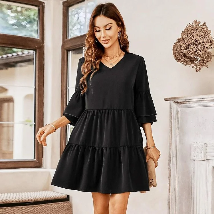 Women V-neck Half Sleeve Casual A-line Mini Dress