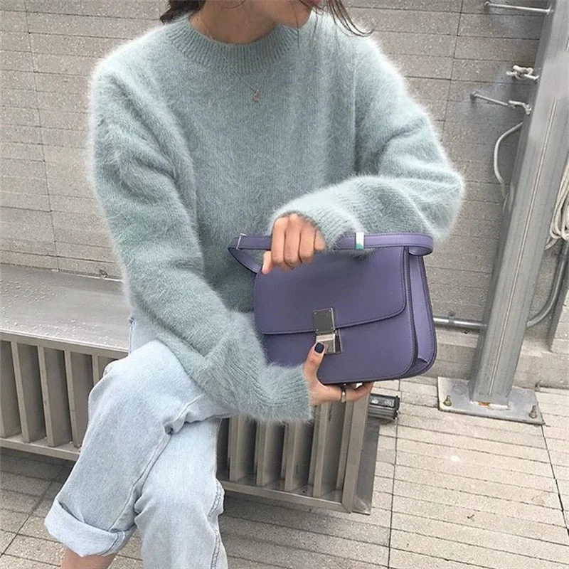 Hirsionsan Cashmere Elegant Women Sweater 2020 New Korean Knitted Basic Pullovers Vintage Soft Female Jumper Imitation Mink Top