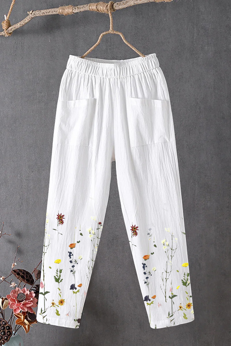 Flycurvy Plus Size Casual White Linen Floral Print Pocket Pants 2024 - Flycurvy 