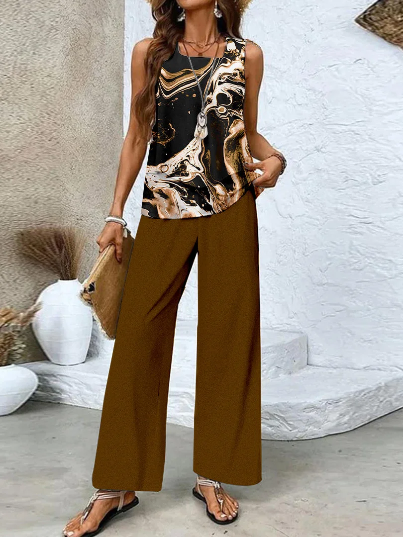 Women's Sleeveless Square Collar Graphic Printed Casual Set