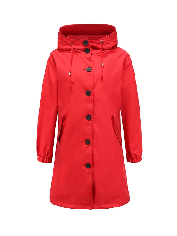 Long Sleeves Loose Buttoned Drawstring Elasticity Hooded Pockets Split-Back Waterproof High-Neck Trench Coats
