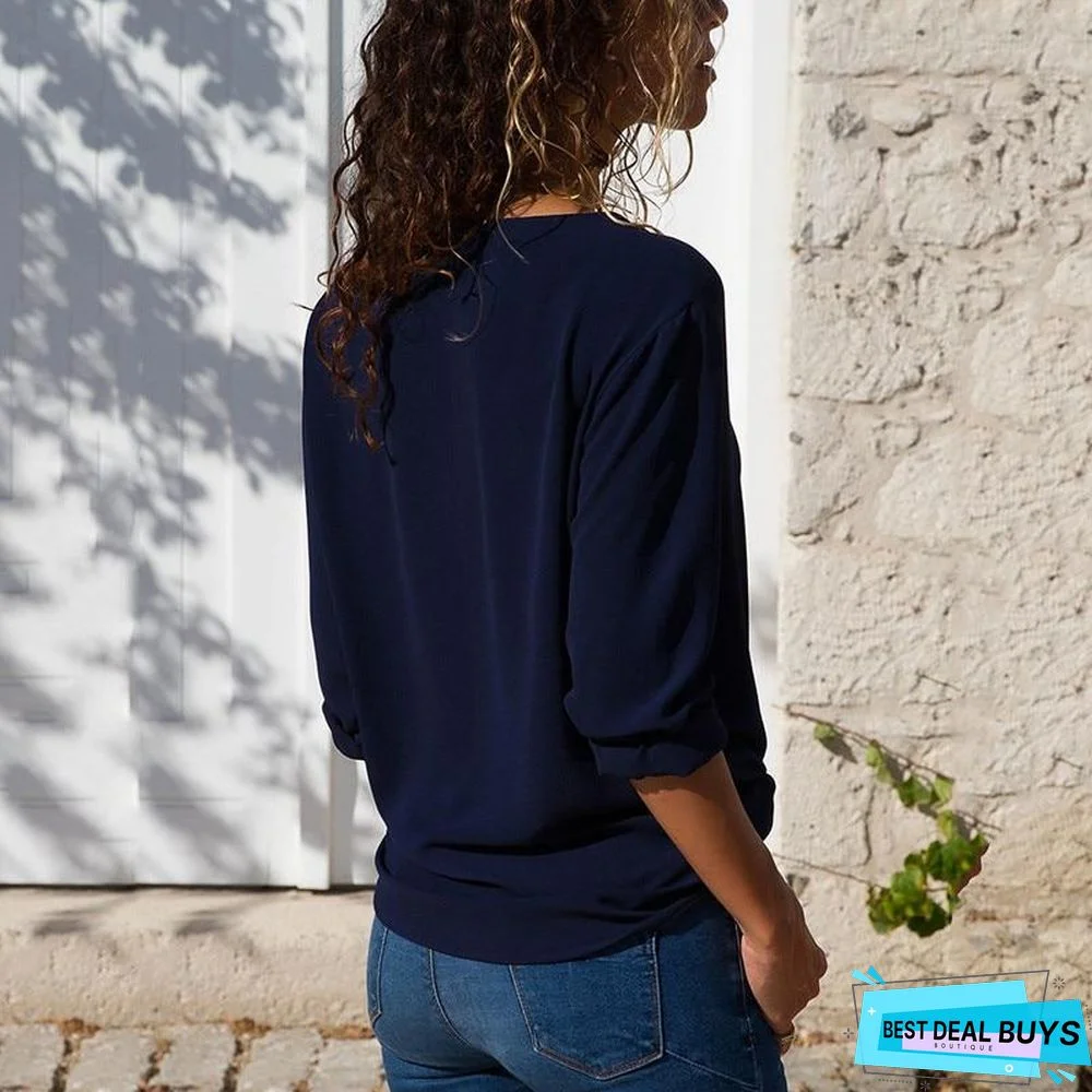 Women Chiffon Blouse Long Sleeve Skew Collar Solid Casual Tops Blouse