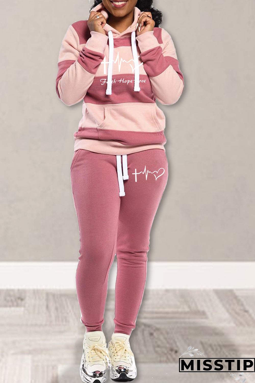 Black Street Striped Draw String Hooded Collar Long Sleeve Two Pieces