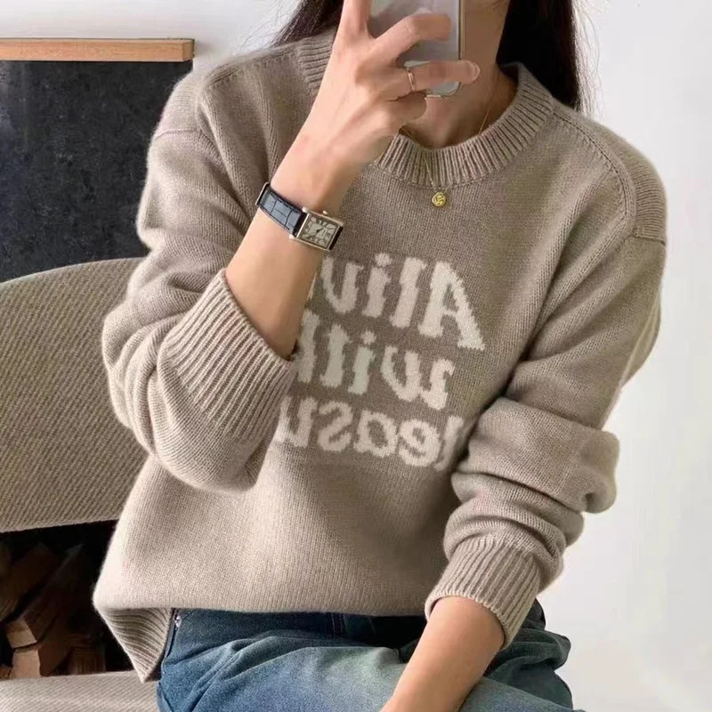 Toloer Toloer Autumn Winter Korean Version Of The New Head Round Collar Letter Knit Jacket Long Sleeve Casual Loose Literary Wind Sweater Woman-Outfit Ideas