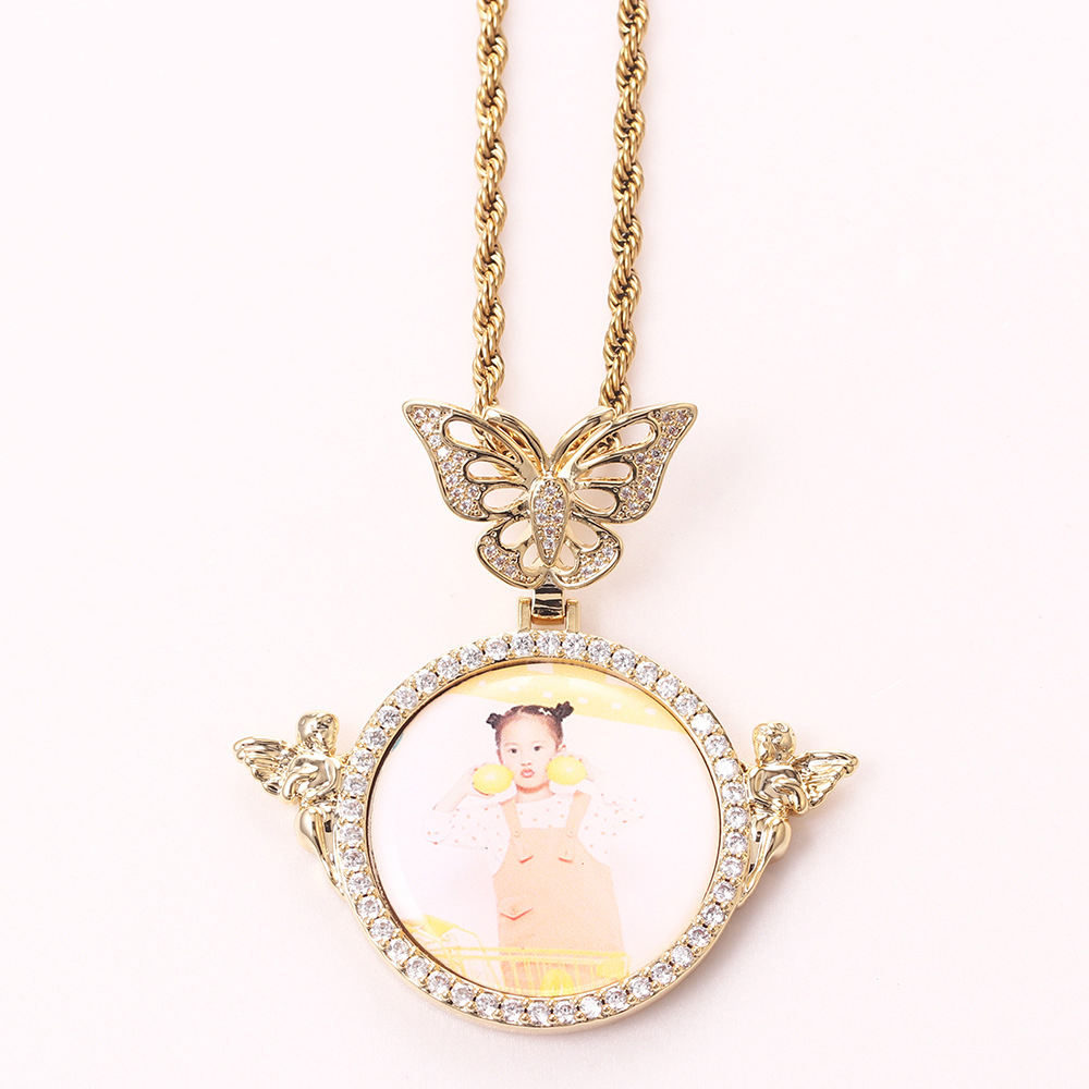 Custom Picture Butterfly Head Double Angels Circle Pendants With Chain
