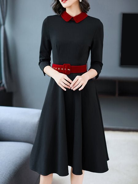 Xixi Customized Women's Clothing Fashion Color Contrast Lapel Three-quarter Sleeve Slim Bottoming Dress