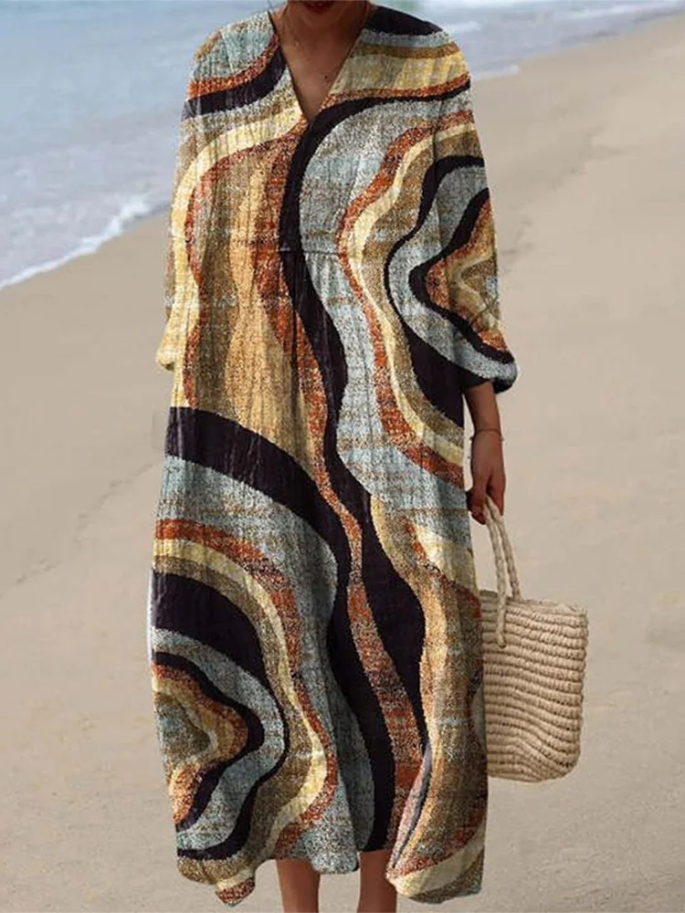 Simpfit Maxikleid aus Nachahmung aus Nachahmung aus Baumwolle und Leinen mit geometrischem Muster im Vintage-Stil
