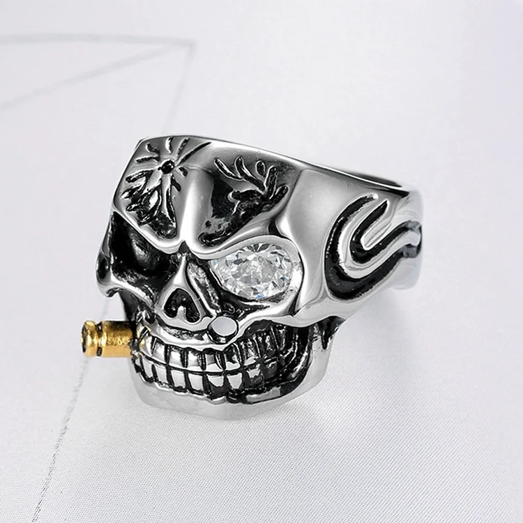 Golden Pipe Skull Head Ring