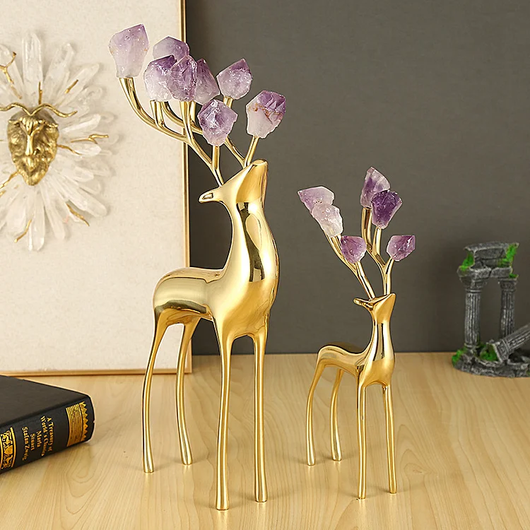 Pure Copper Decoration Lucky Deer Amethyst Sika Deer Gem Living Room Decoration Desk Housewarming Purification Gift