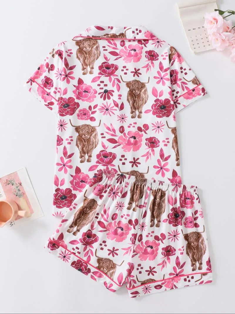 Women's Floral & Cow Print Top & Shorts Pajama Two-piece Set, Casual Comfy Short Sleeve Top & Shorts Pajama Set, Ladies Sleepwear for Summer, Womenswear