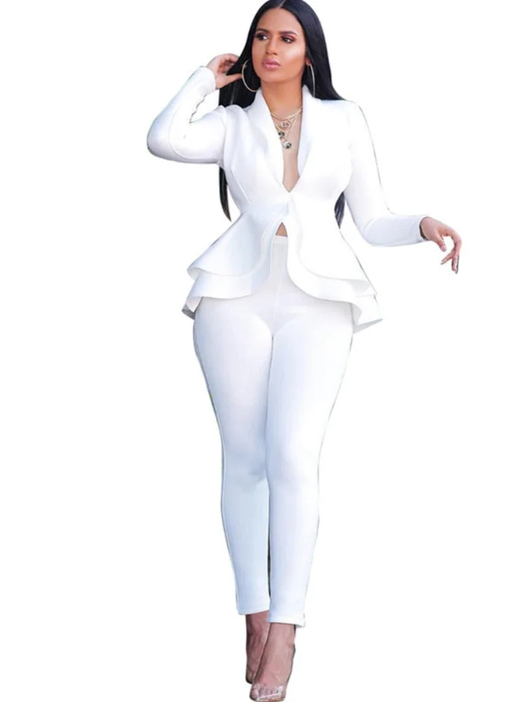 Women Winter Women's set Tracksuit Full Sleeve Ruffles Blazers Pants Suit Two Piece Set Office Lady business wear uniform GL610