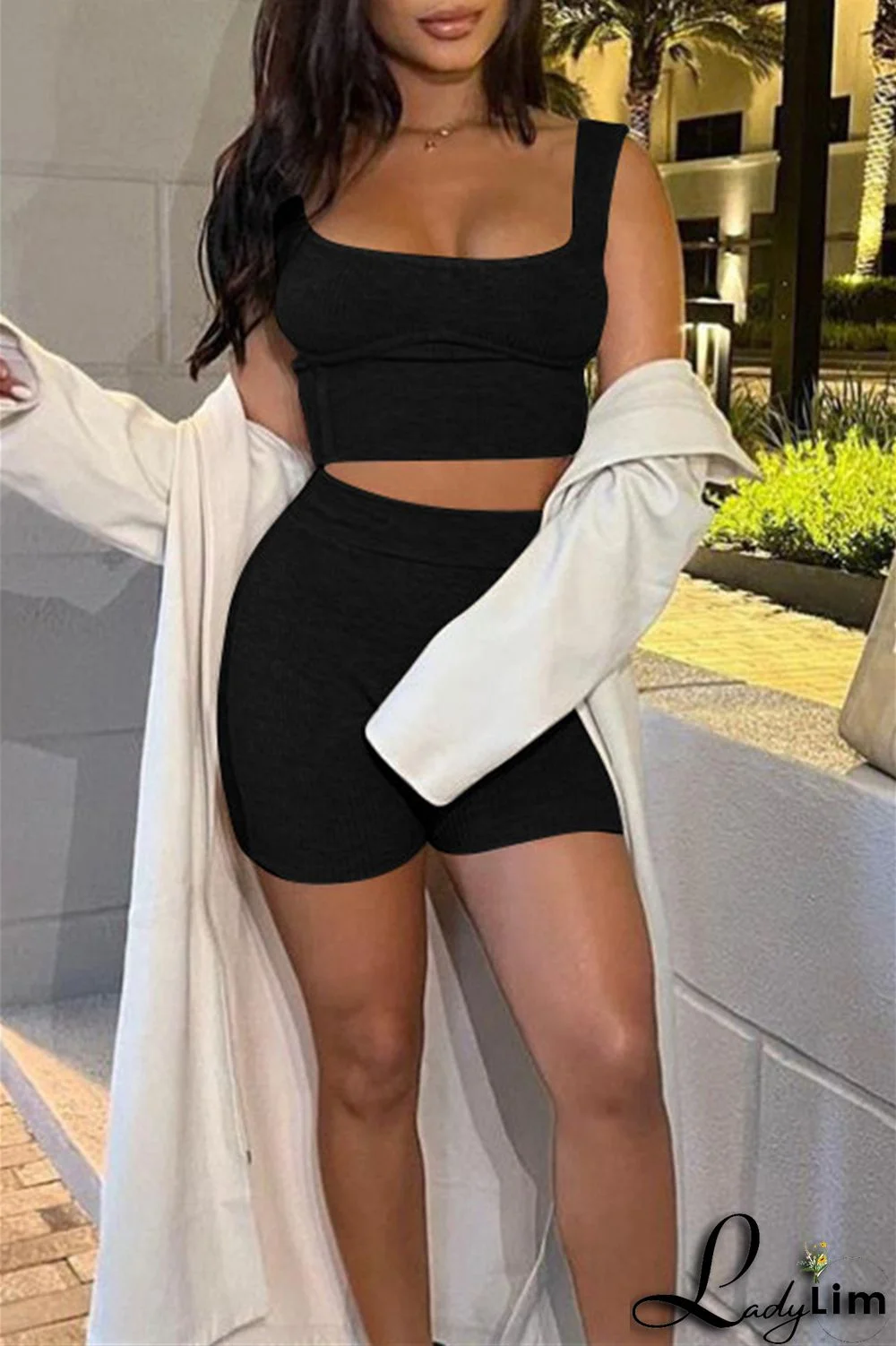 Black Sexy Casual Solid Basic U Neck Sleeveless Two Pieces